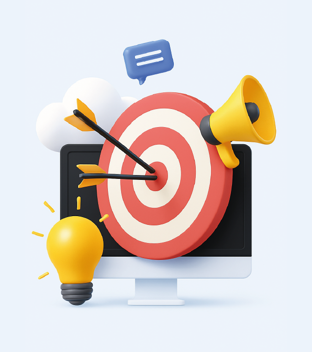 Illustration 3D d'une cible marketing atteinte par des flÚches, entourée d'une ampoule et d'un mégaphone, symbolisant une stratégie de communication digitale efficace